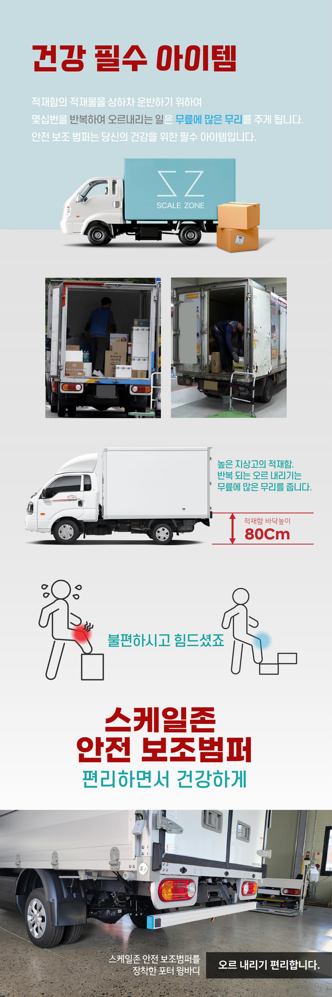 적재함 승하차 시 무릎 통증 완화에 도움을 주는 스케일존 안전 보조 범퍼 인포그래픽
