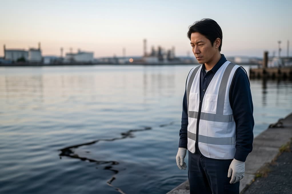 기름 유출로 오염된 수면을 바라보는 작업자