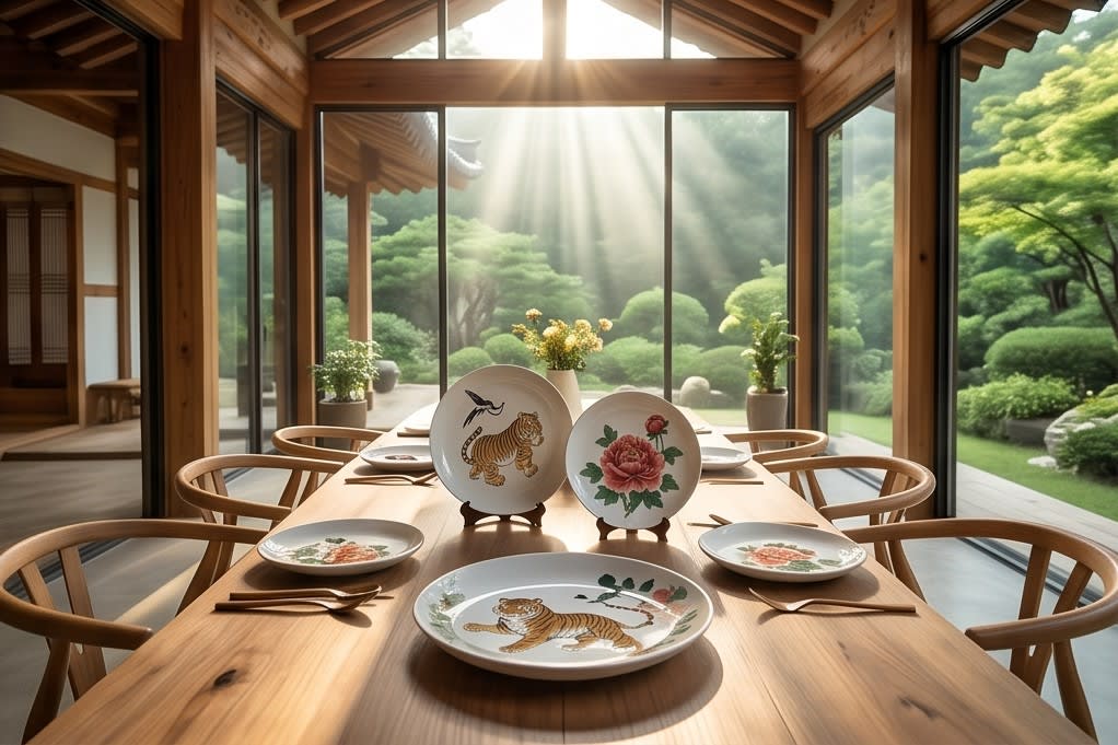 식탁 위에 차려진 민화 접시