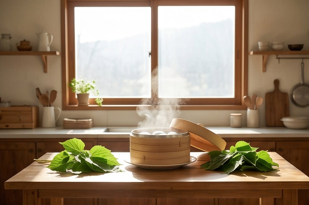 대나무 찜기와 싱그러운 생모시 잎