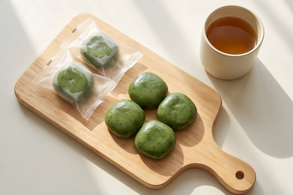 개별 포장된 한산모시떡과 차