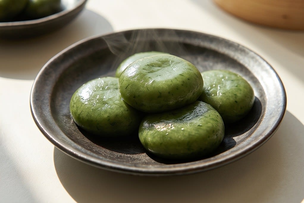 흑색 자기 접시에 담긴 따뜻한 모시떡