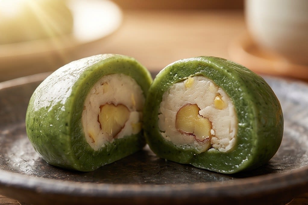 밤이 통째로 들어간 찰진 모시떡 단면