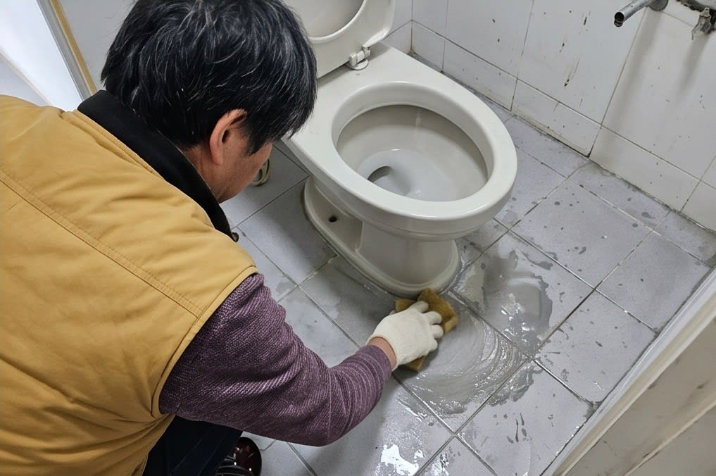 변기 하단 테두리를 깔끔하게 마감하는 작업