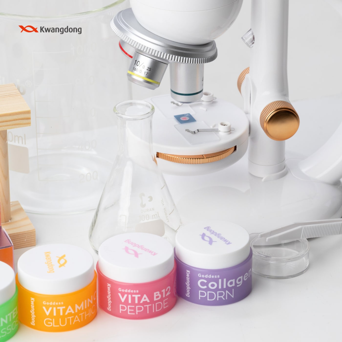An image showing the three products of the Goddess Series Vitamin C, Vitamin B12, and Collagen arranged with a microscope and beakers. The laboratory background highlights compliance with KGSP quality management standards and the expertise of sophisticated beauty tech.