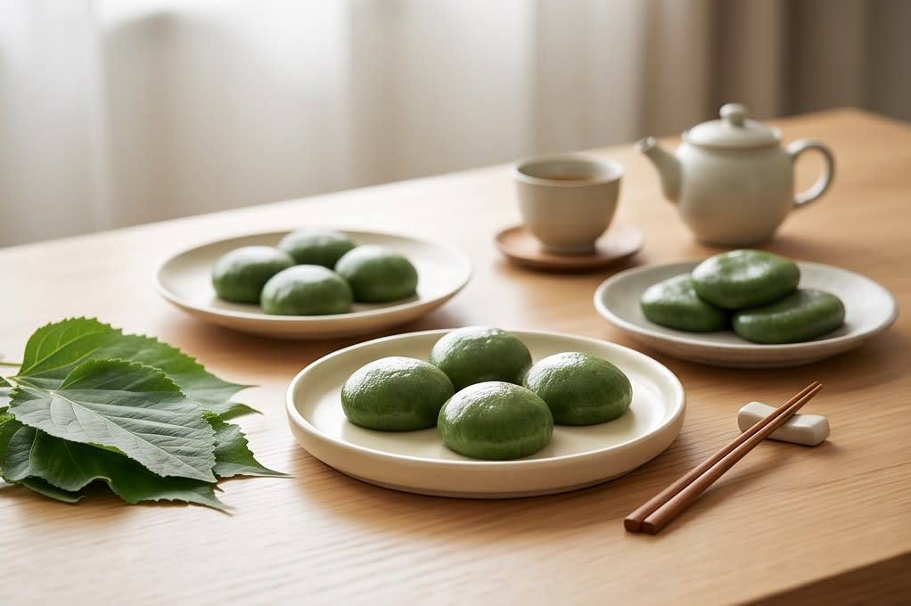 차와 함께 차려진 정갈한 모시떡 다과상