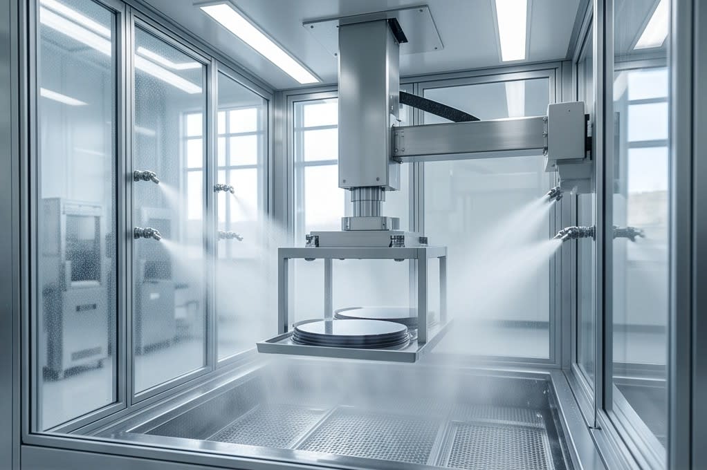 Wafer mist cleaning by a robot arm