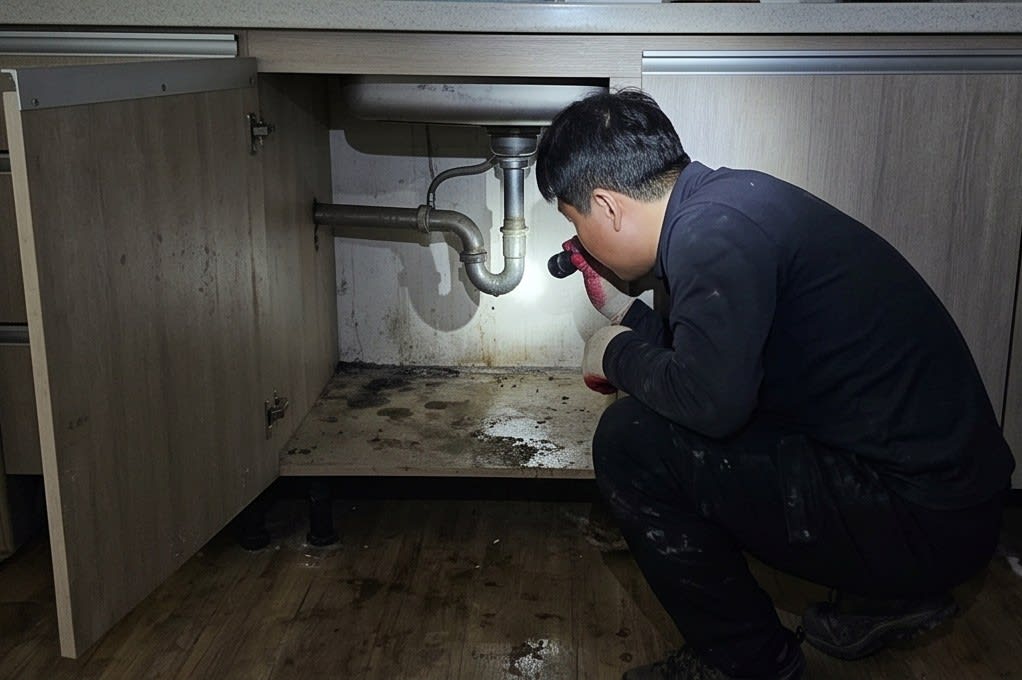 싱크대 하부장 구석을 꼼꼼히 점검하는 모습