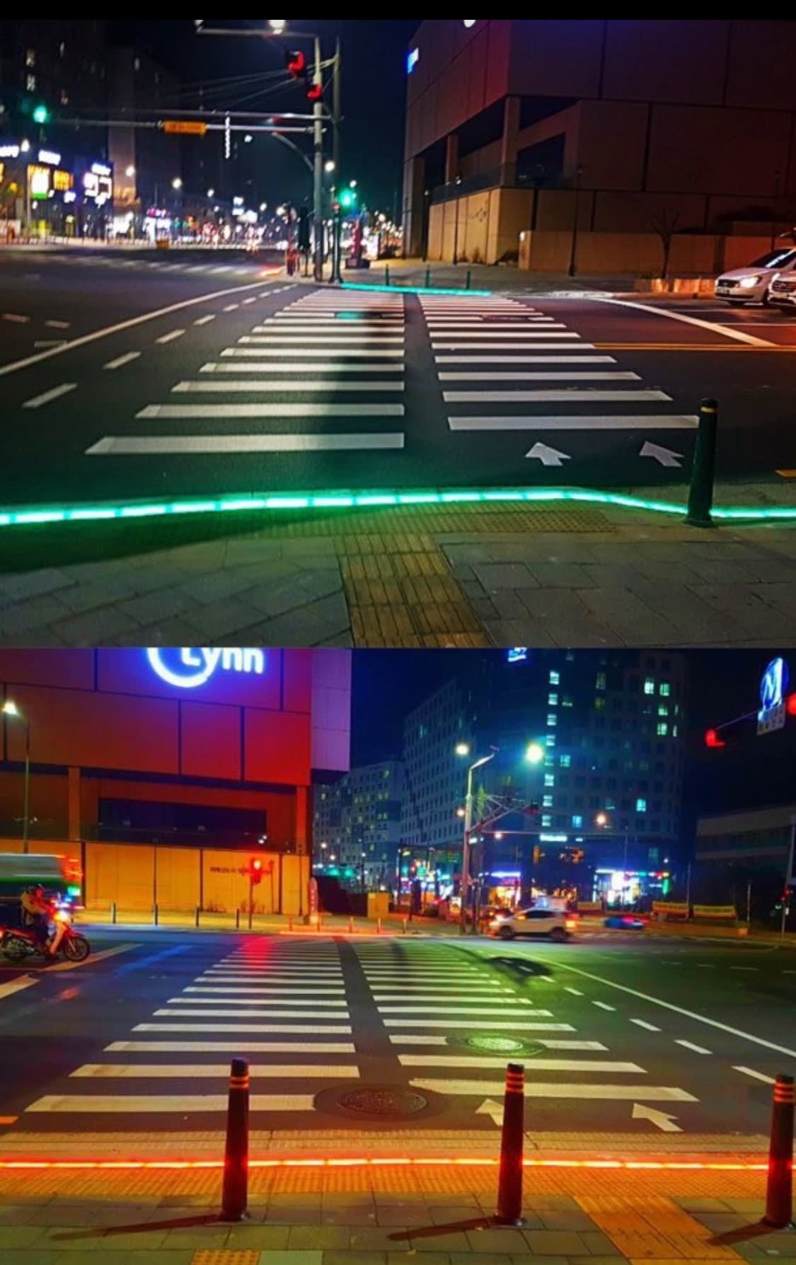 야간 도심 횡단보도에 설치되어 탁월한 시인성을 보여주는 바닥 신호등