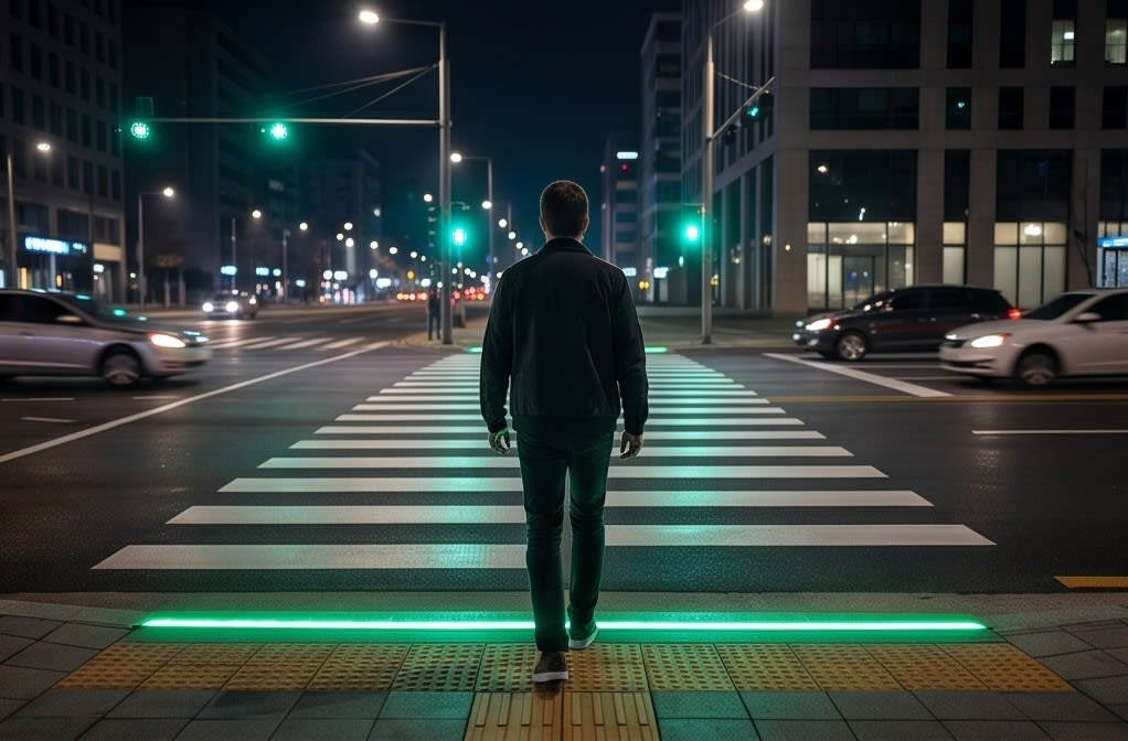 초록색 LED 유도 라인을 따라 걷는 보행자