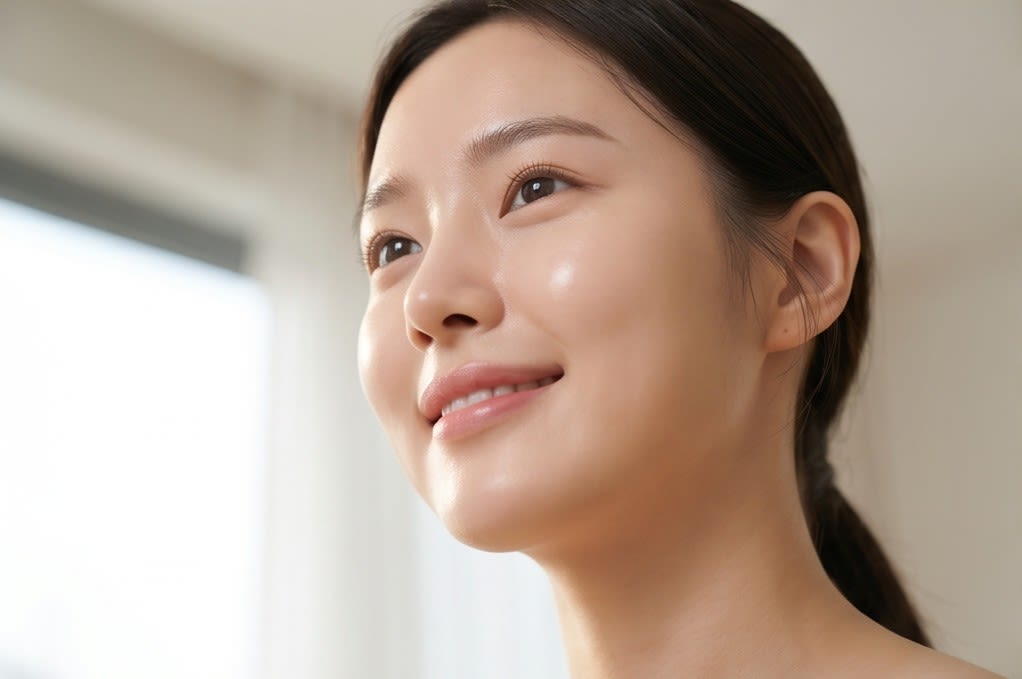A subtle moisture glow flowing along the skin texture