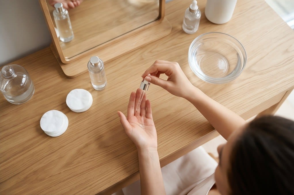 Neatly arranged basic skincare products on a vanity