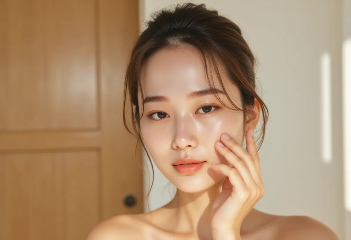 Close-up image of a model with healthy, glowing, radiant skin