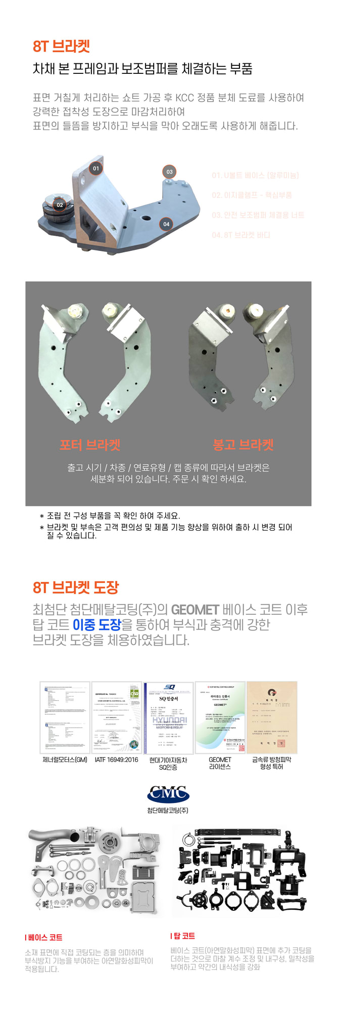 부식에 강한 8T 브라켓의 도장 공정과 현대기아차 SQ인증, IATF 16949 등 공식 품질 인증 현황을 보여주는 이미지