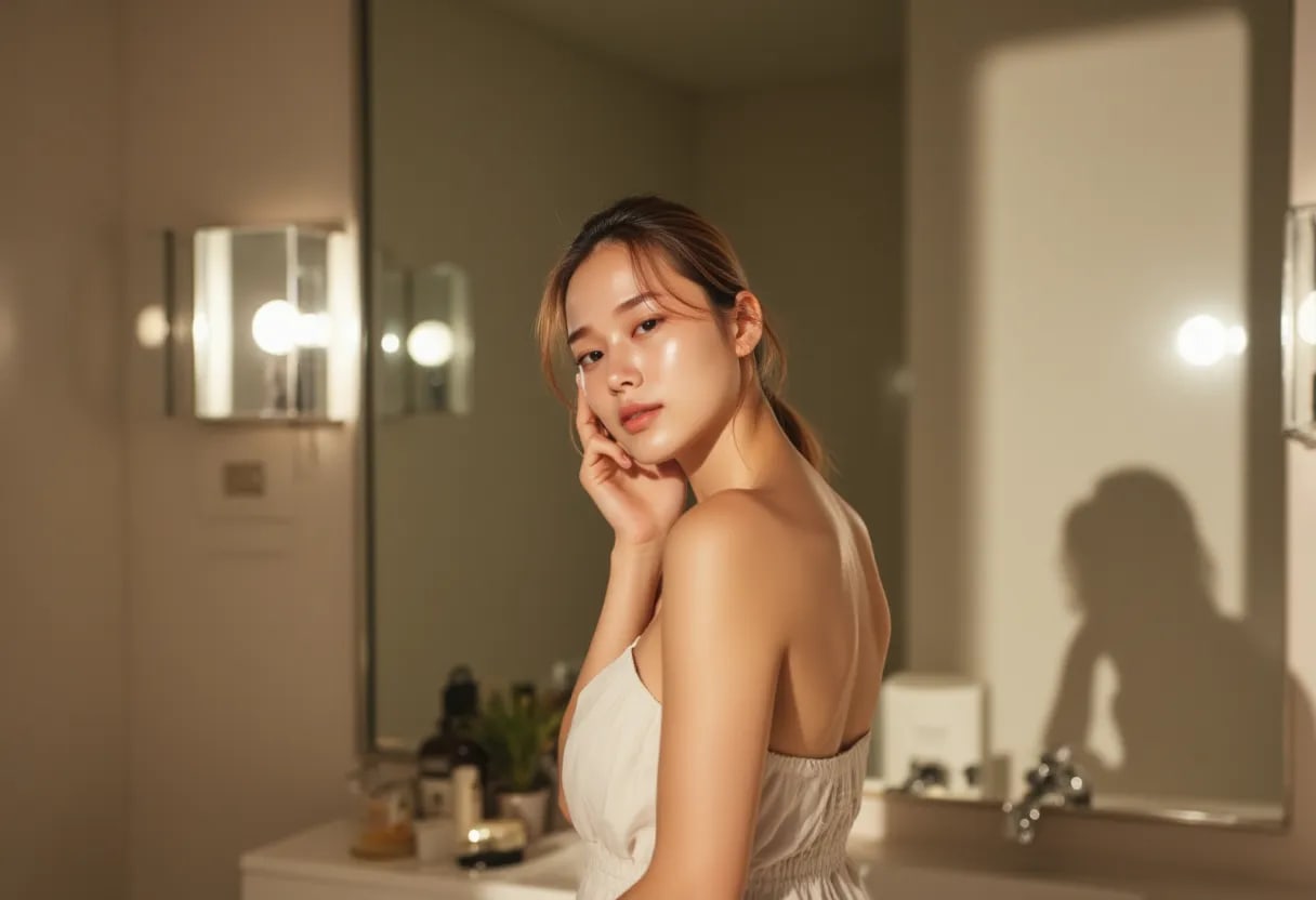A model with moisturized and radiant skin under soft lighting