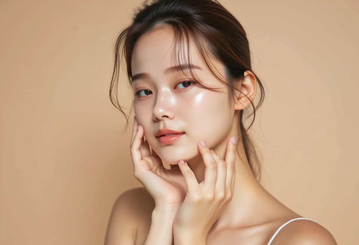 A close-up shot of a model highlighting clear and transparent skin radiance, showing the natural tone-up effect and moisture-rich skin texture after using sunscreen.