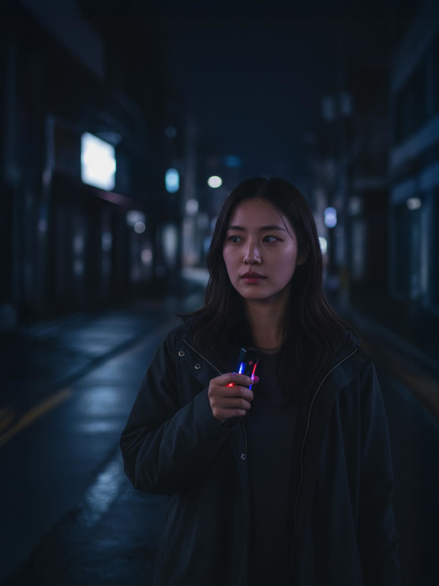 인적이 드문 도심 골목길을 걷는 여성이 전자 호루라기를 손에 쥐고 경계하는 모습입니다. 컴팩트한 디자인이 여성의 손에 안정적으로 쥐어지며, 위급 상황 시 즉각적인 사이렌과 경고등으로 범죄를 예방할 수 있는 현대적인 호신용품으로서의 세련미를 전달합니다.