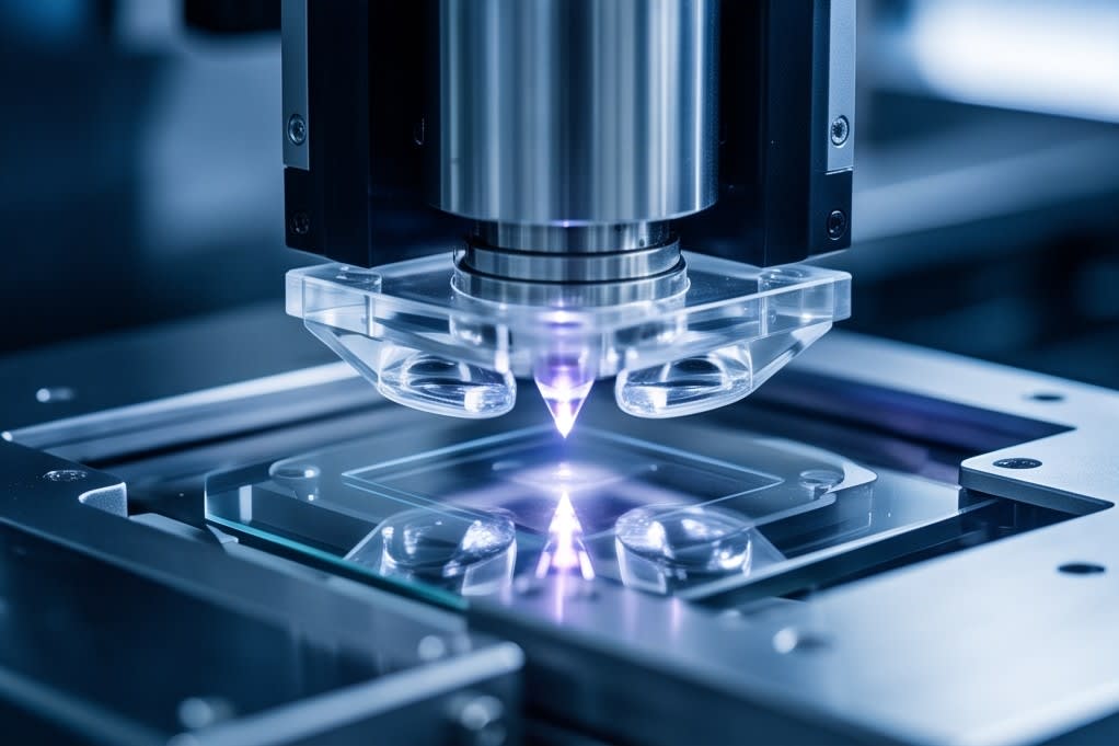 Close-up of precision UV curing process