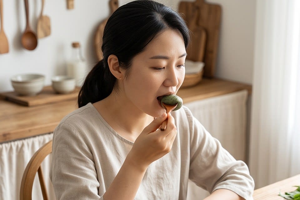 자극적인 단맛 대신 모시떡의 그윽한 향과 재료의 질감을 음미하는 모습