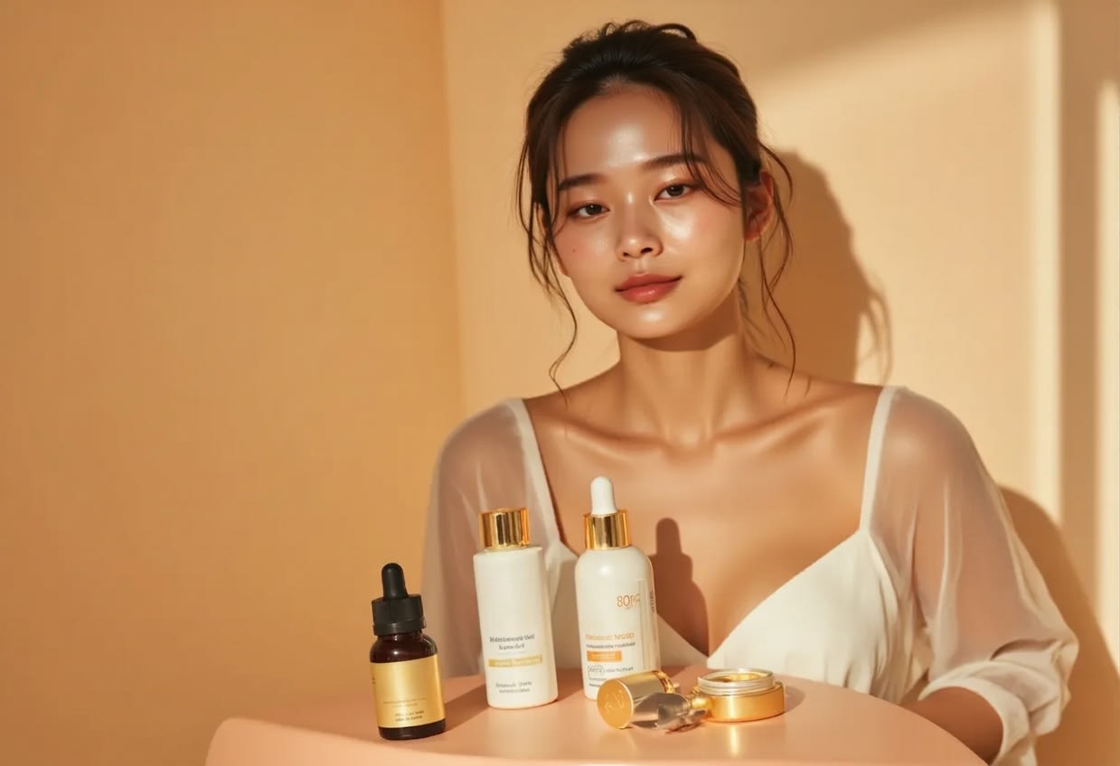 A look showing an evenly refined skin base and a moist glow.