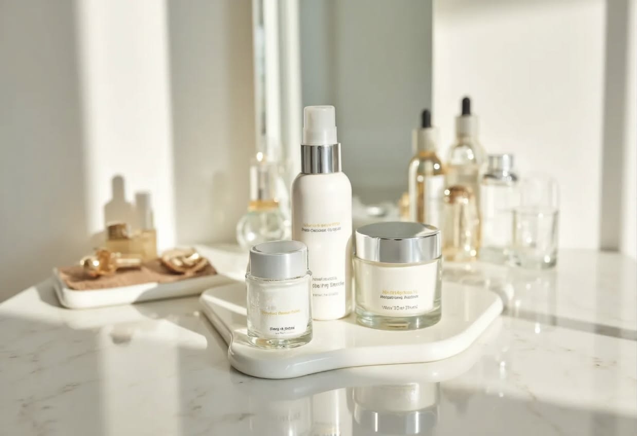 Skincare products arranged simply by reducing complicated steps