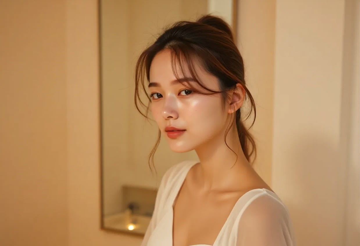 A look where a restrained lip color and a refined skin base are in harmony.