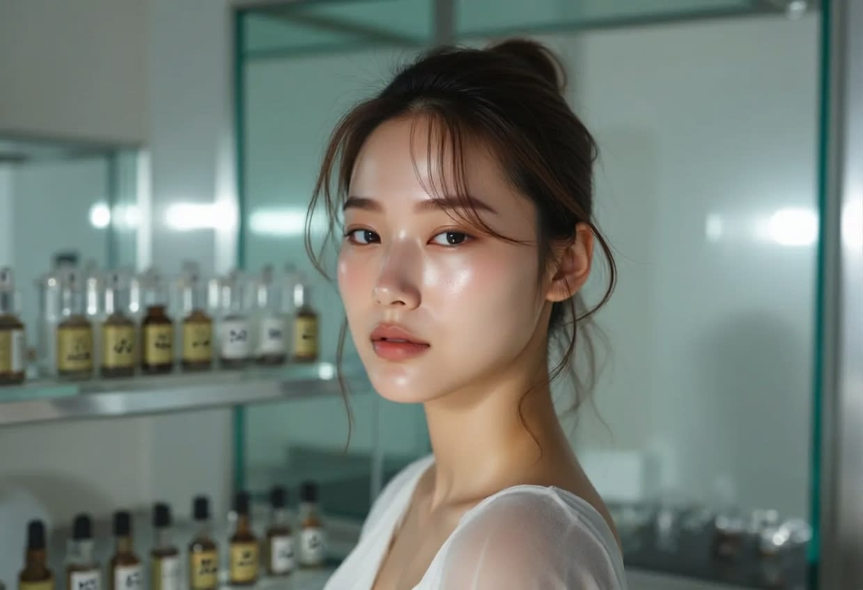 A person with clear and healthy skin radiance in front of a laboratory glass bottle background