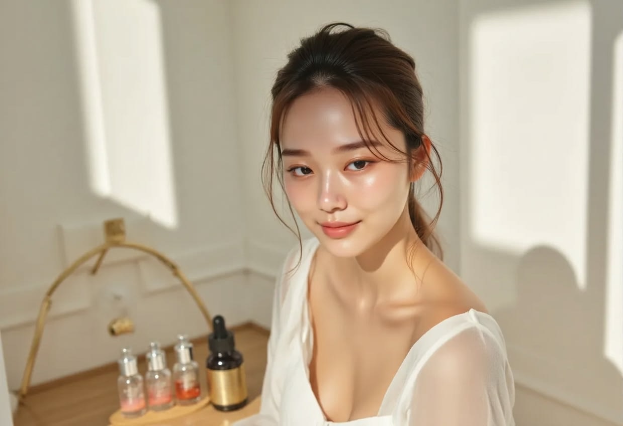 Clear and transparent-looking skin with neatly arranged skincare containers
