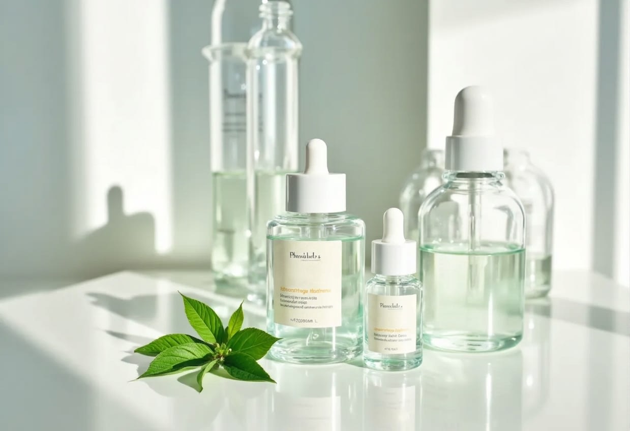 Essence in a transparent glass container with plant leaves placed beside it