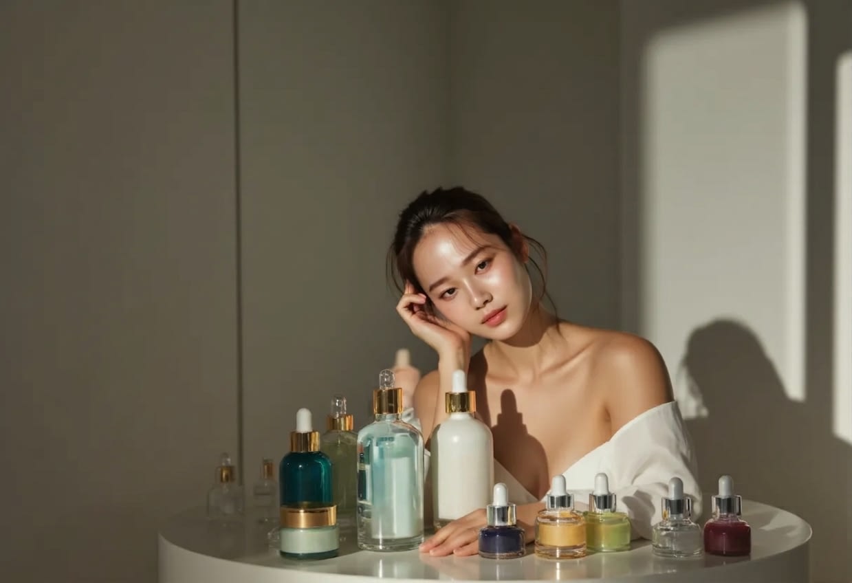 Model showing clear skin surrounded by various cosmetic containers