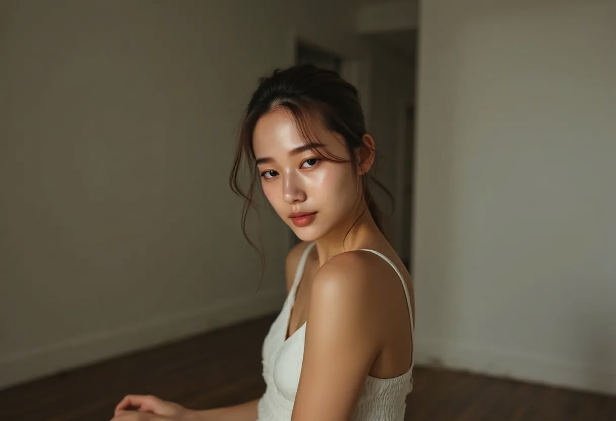 A calm and restrained lip makeup look with an evenly refined skin base.