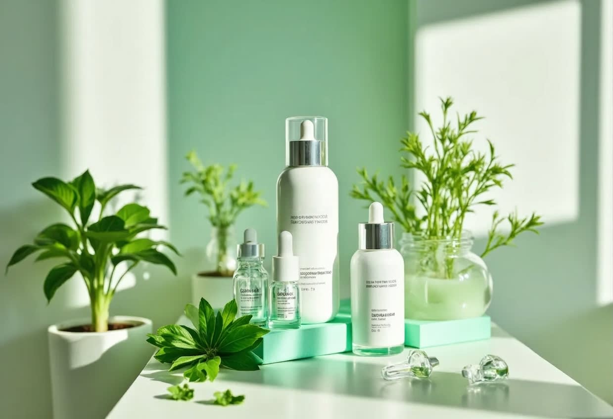 Cosmetic containers and plants arranged harmoniously.
