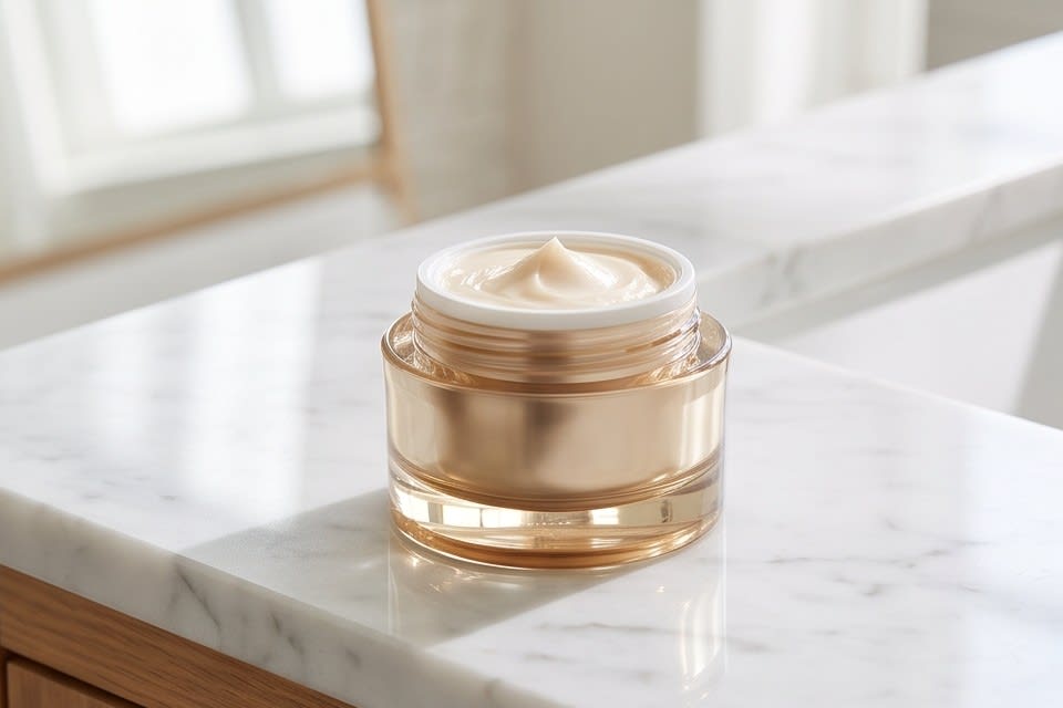 Elegant container and cream texture placed on a clean background