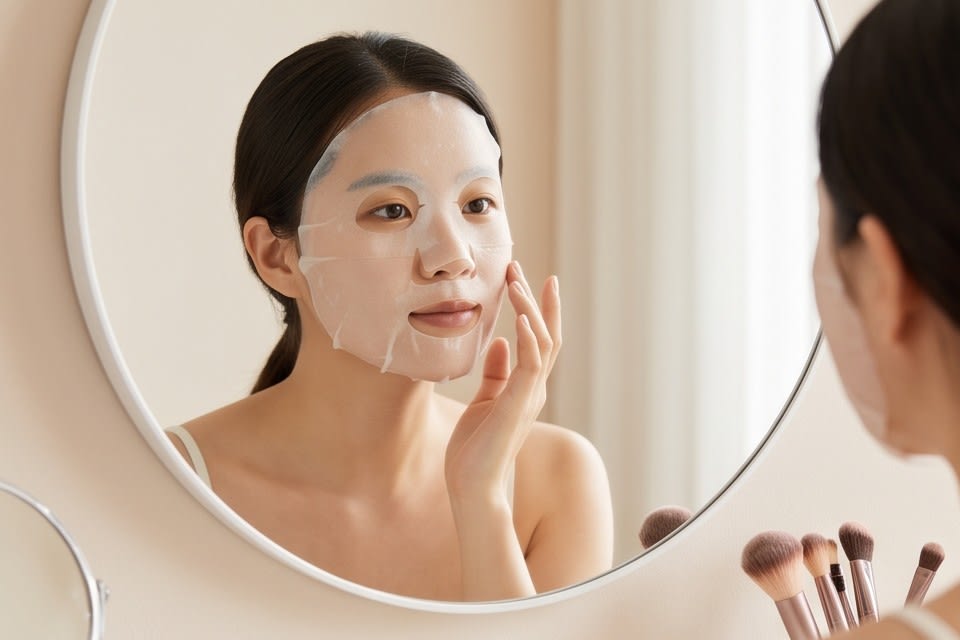 A person looking in the mirror while applying a mask pack and refining the skin