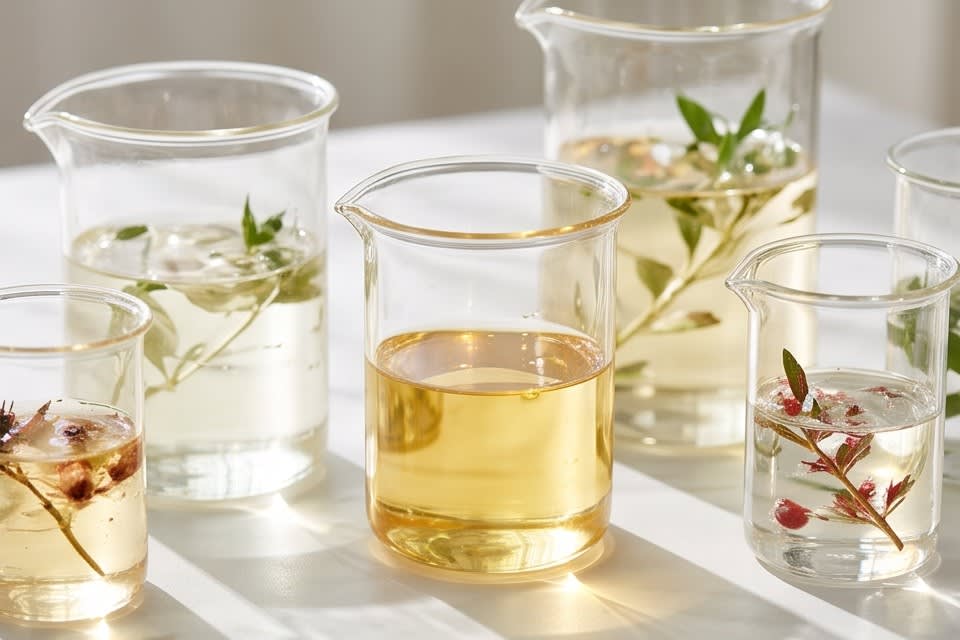 Plant ingredients and extracts inside laboratory beakers
