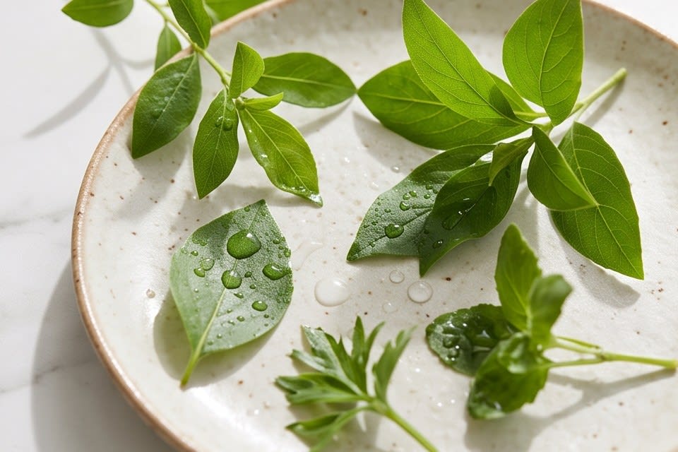 Green leaves with water droplets