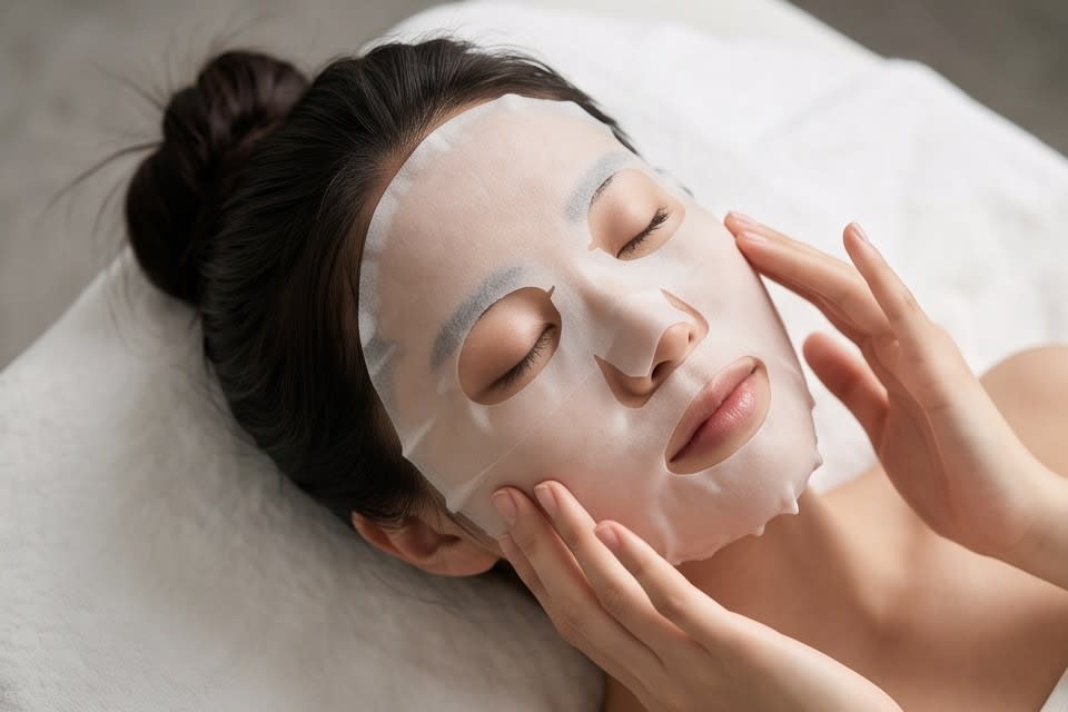 A person relaxing with eyes closed while wearing a mask pack.