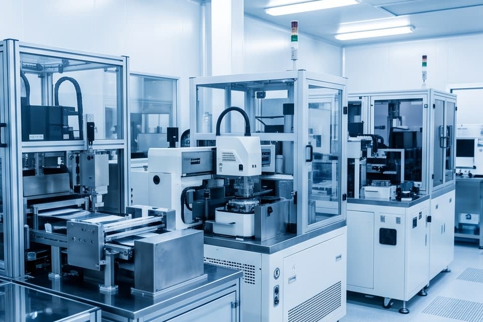A manufacturing site where various types of equipment are arranged in a row