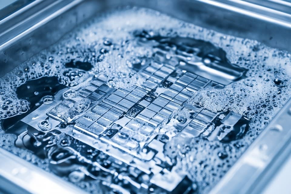 A component being immersed and cleaned in liquid where fine bubbles are generated