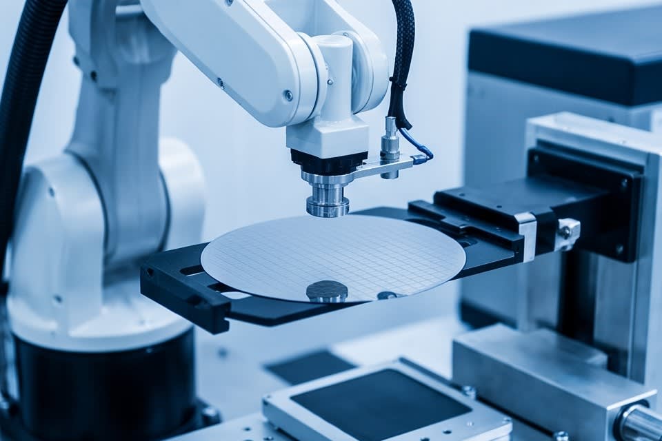An automated robot arm precisely handling a wafer