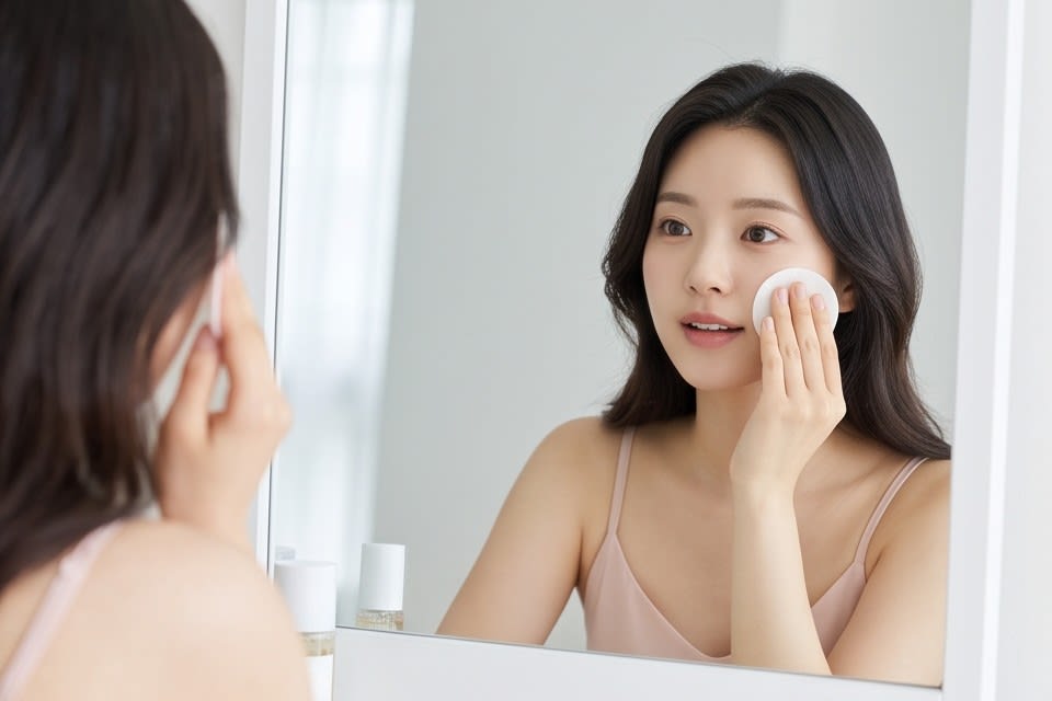 거울을 보며 토너 패드로 피부 결을 정돈하는 모습