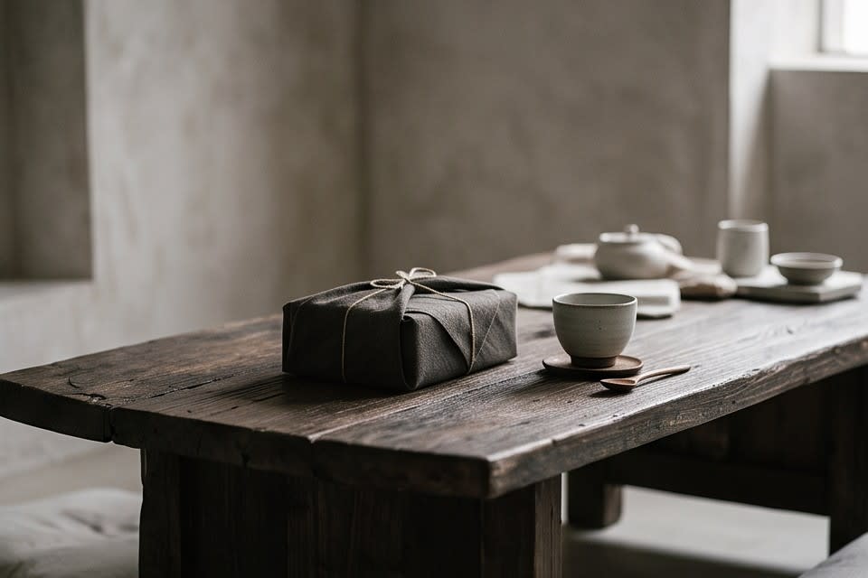 테이블 위에 단정한 다기 세트와 함께 놓인 차분한 톤의 보자기 포장 상자