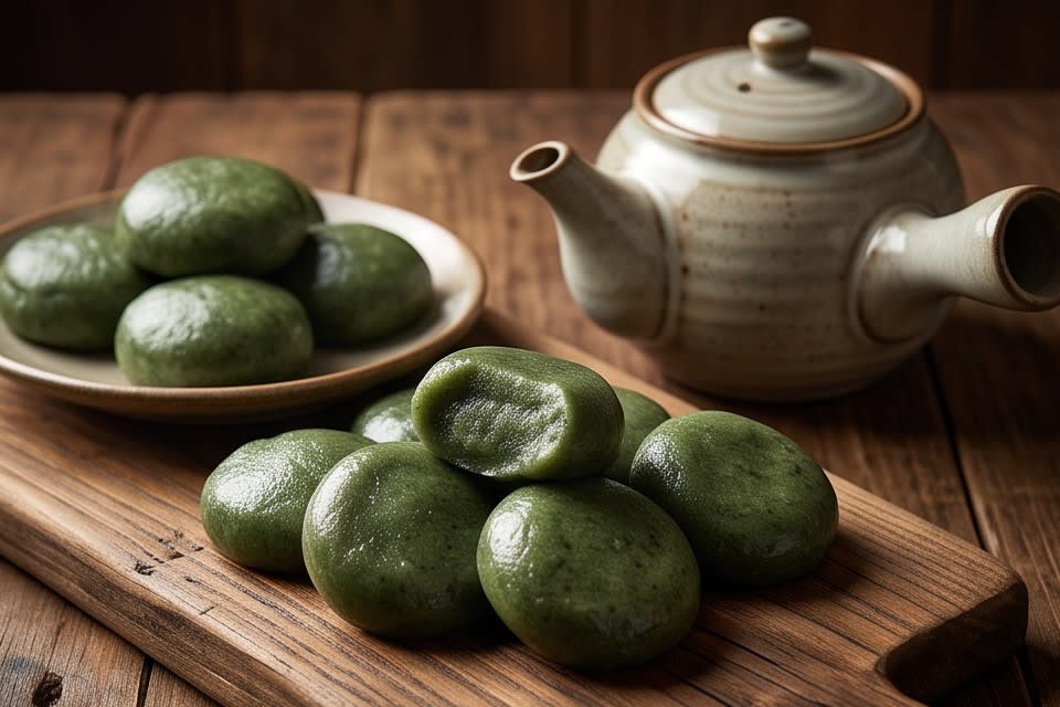 반으로 갈라져 꽉 찬 속과 쫀득한 찰기를 보여주는 모시떡 단면.