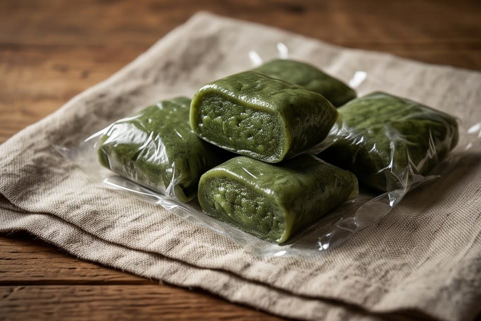 투명한 비닐에 개별 포장된 모시떡이 나란히 놓여 있습니다.