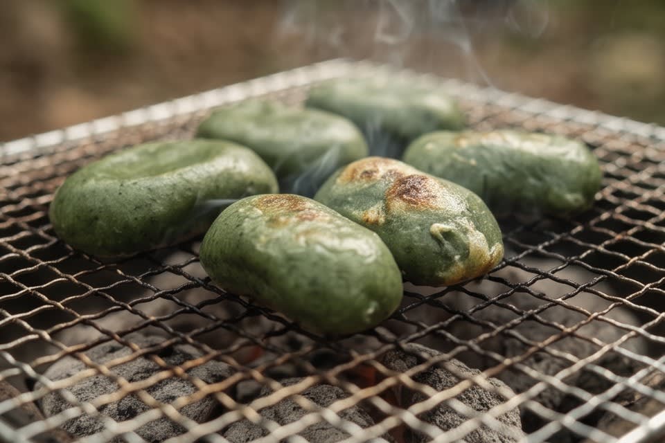 캠핑장 화로 위 석쇠에서 노릇하게 구워지는 모시떡