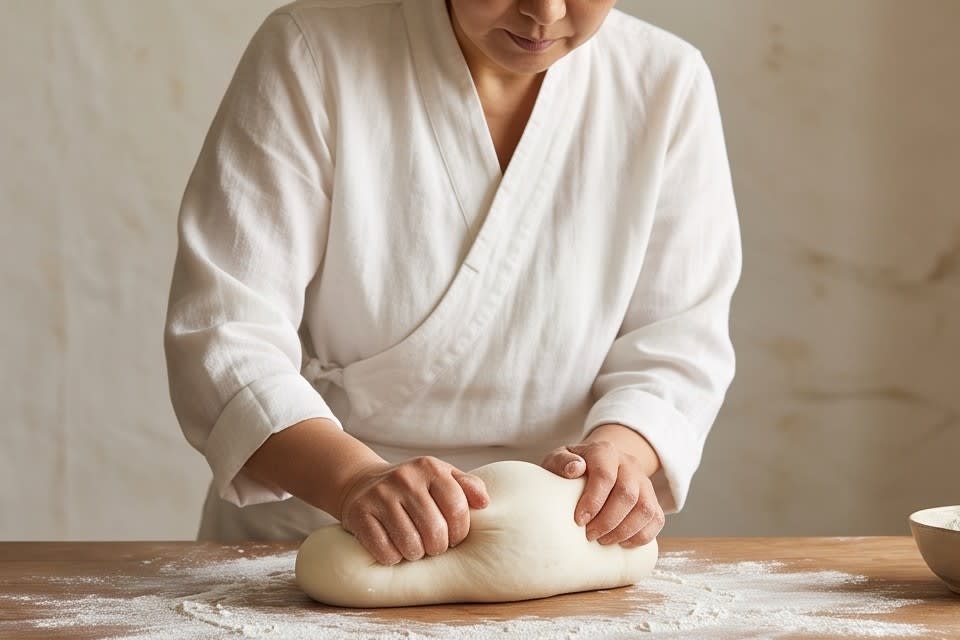 장인이 직접 힘과 속도를 조절하며 떡 반죽을 치대는 모습