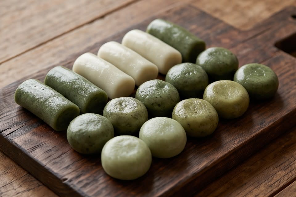 도마 위에 정갈하게 놓여 있는 다양한 형태의 수제 떡
