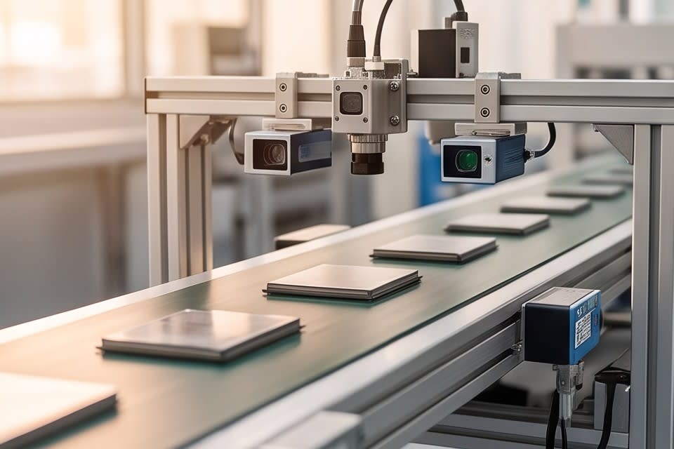 Camera equipment capturing products on a conveyor belt in real time