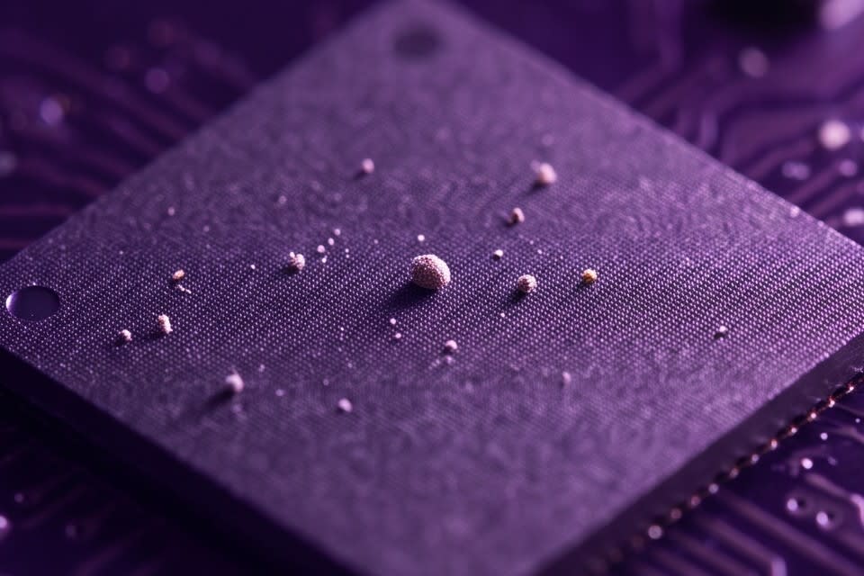 Fine particles scattered irregularly across the surface of a semiconductor chip