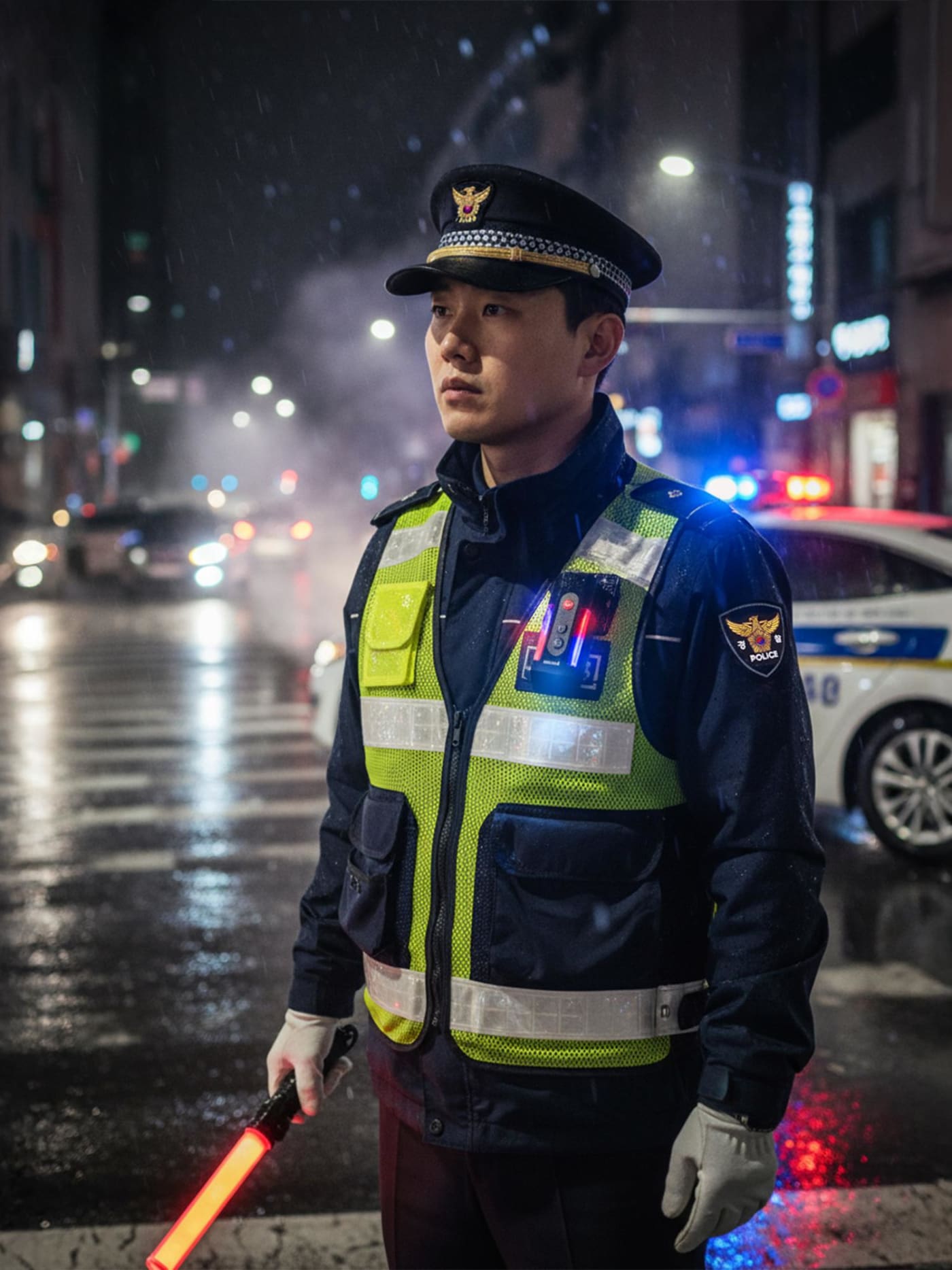 비 내리는 야간 도로에서 근무 중인 경찰관의 모습.